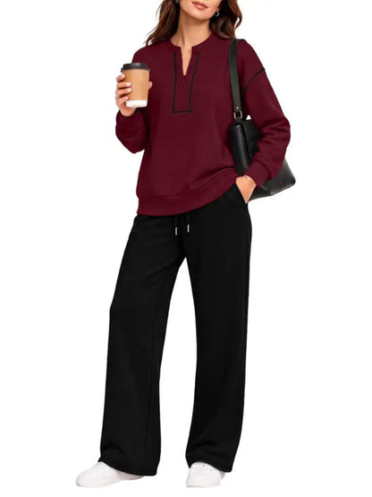 Contrast‑Stitch Notched Neck 2‑Piece Loungewear Set