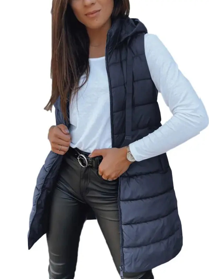 Women Long Hooded Puffer Vest Side Slit Outerwear With Pockets