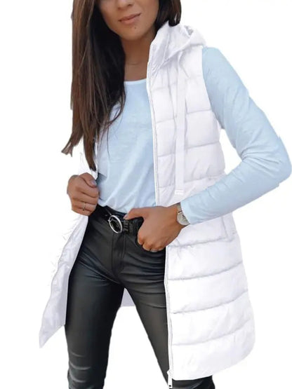 Women Long Hooded Puffer Vest Side Slit Outerwear With Pockets