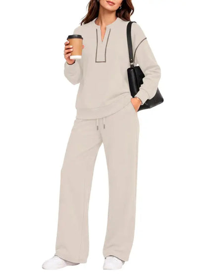 Contrast‑Stitch Notched Neck 2‑Piece Loungewear Set