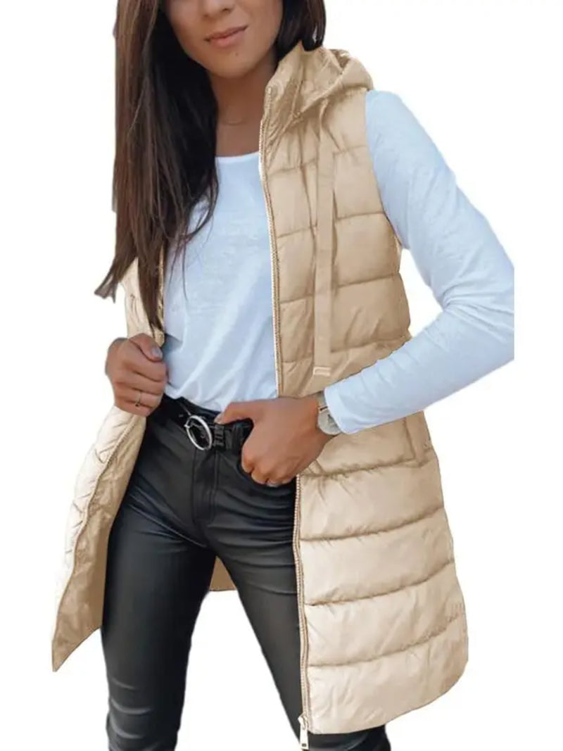 Women Long Hooded Puffer Vest Side Slit Outerwear With Pockets