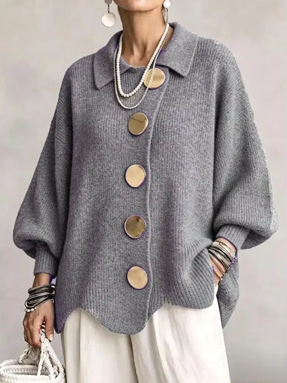 Women French Lapel Irregular Hem Lantern Sleeve Knit Cardigan