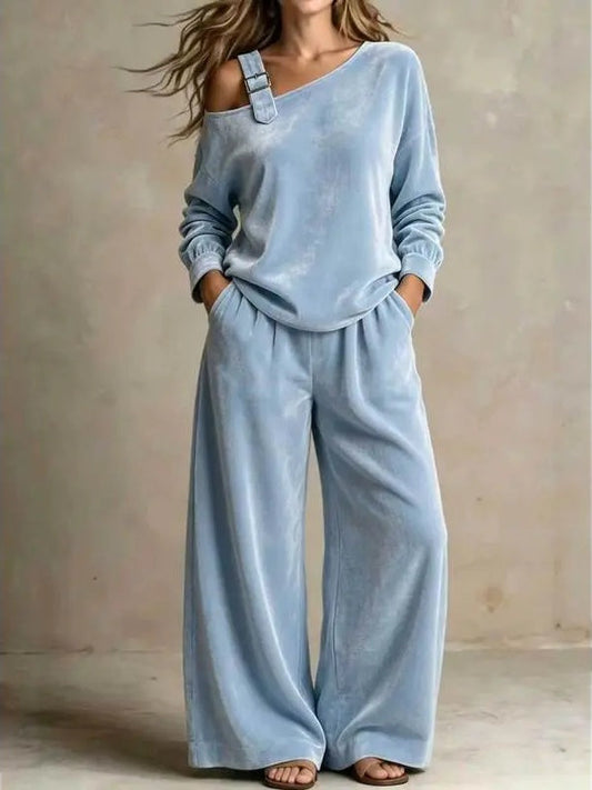Women's 2-Piece Velour Set – One-Shoulder Sweatshirt & Wide-Leg Pants Lounge Set