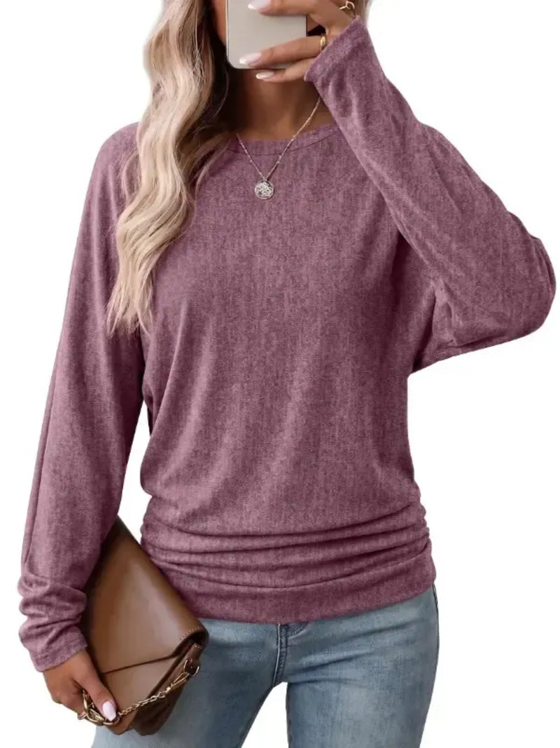 Womens Long Sleeve Shirts Ruched Hem Fall Tops Lightweight Sweaters