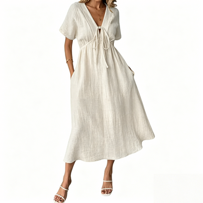 Women's V Neck Tie up Textured Loose Flowy Midi Dress With Pockets