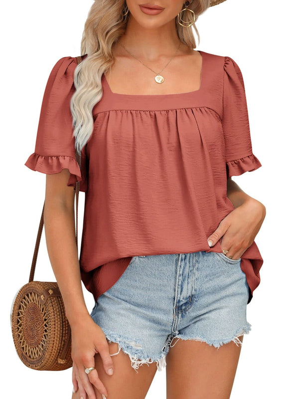 🔥Women's Sqaure Neck Ruffle Sleeve Blouses Peplum Tops