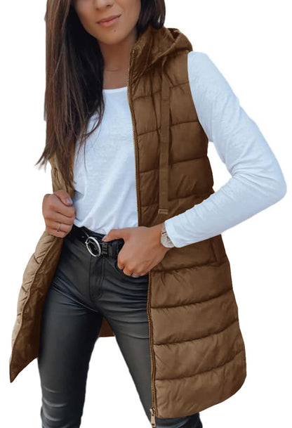 Women Long Hooded Puffer Vest Side Slit Outerwear With Pockets