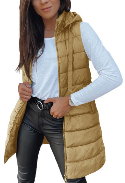 Women Long Hooded Puffer Vest Side Slit Outerwear With Pockets