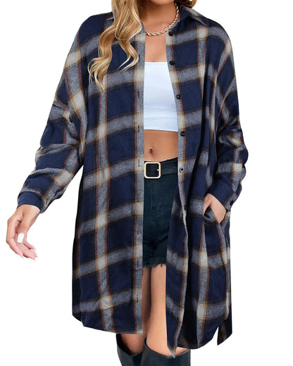 Women's Flannel Shirts Plaid Shacket Collared Long Jacket Coats