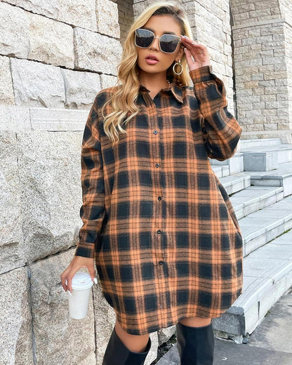 Women's Flannel Shirts Plaid Shacket Collared Long Jacket Coats