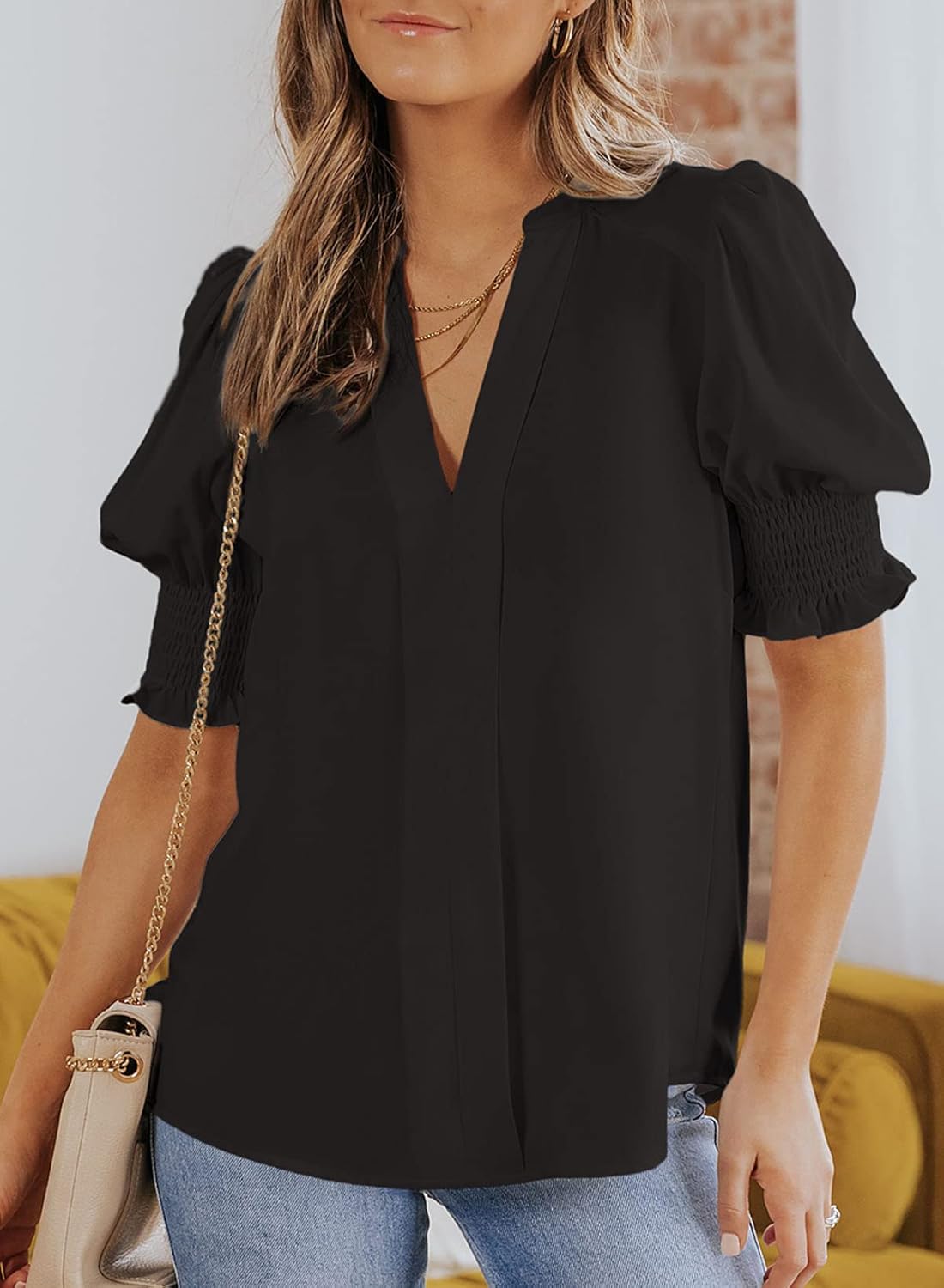 Floral V-Neck Puff Sleeve Blouse
