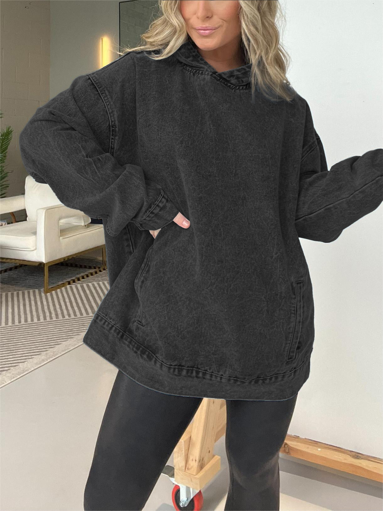 Women's Casual Washed Denim Hooded Pullover with Pockets