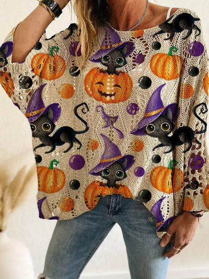 Halloween Crew Neck Pumpkin Loose Fit Long Sleeve Cutout Sweater