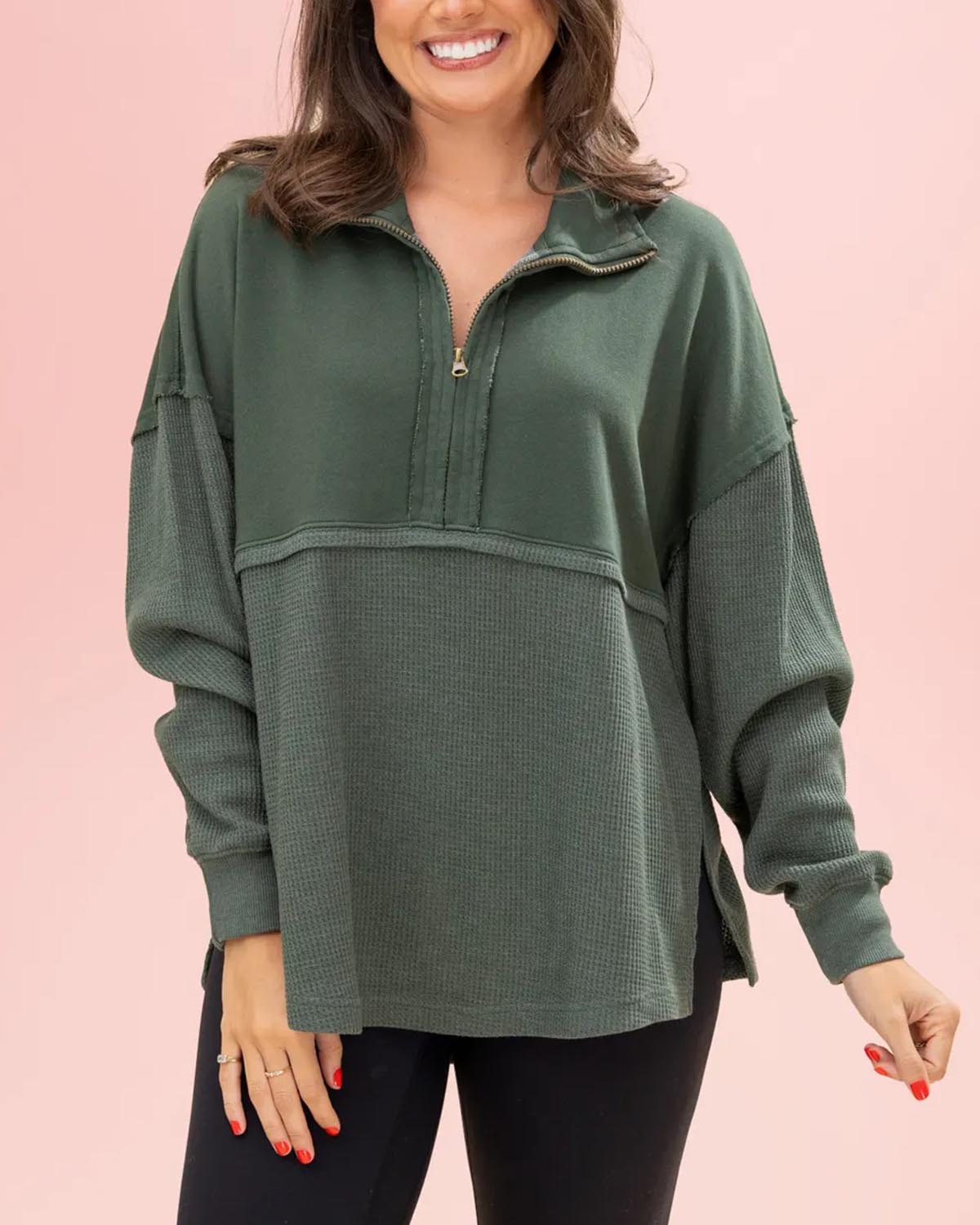 Women's Quarter Zip Pullover Slit Long Sleeve Top(BUY 2 FREE SHIPPING)