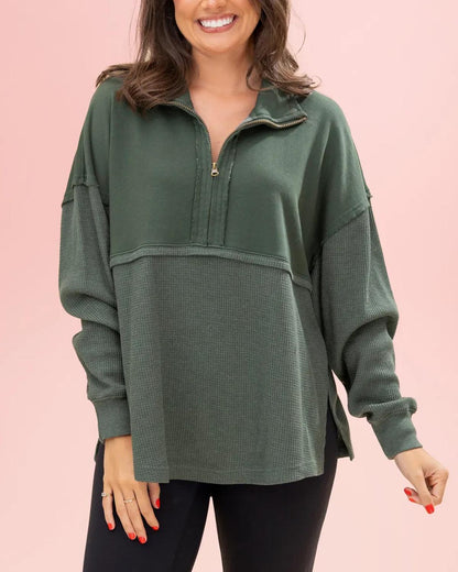 Women's Quarter Zip Pullover Slit Long Sleeve Top(BUY 2 FREE SHIPPING)