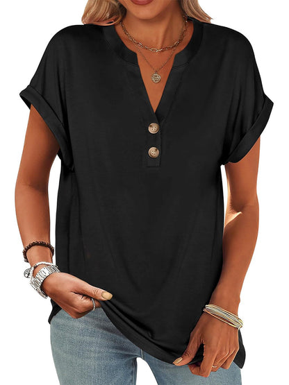 Women's V Neck Button Casual Loose Fit Short Sleeve Henley Tops
