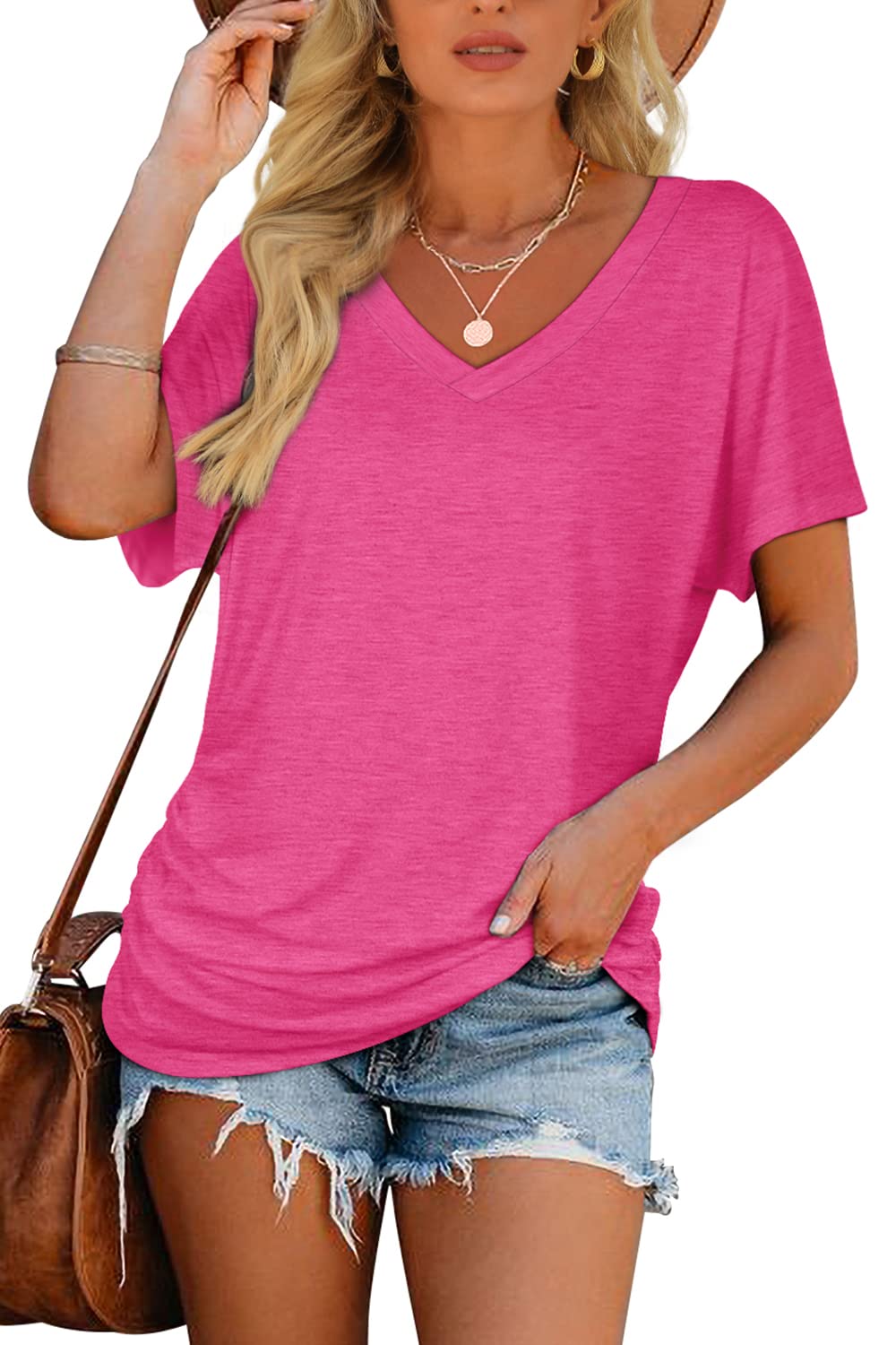 Women's Short Sleeve V Neck Dolman Tops with Side Shirring