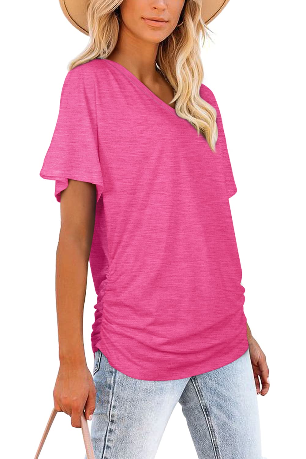 Women's Short Sleeve V Neck Dolman Tops with Side Shirring