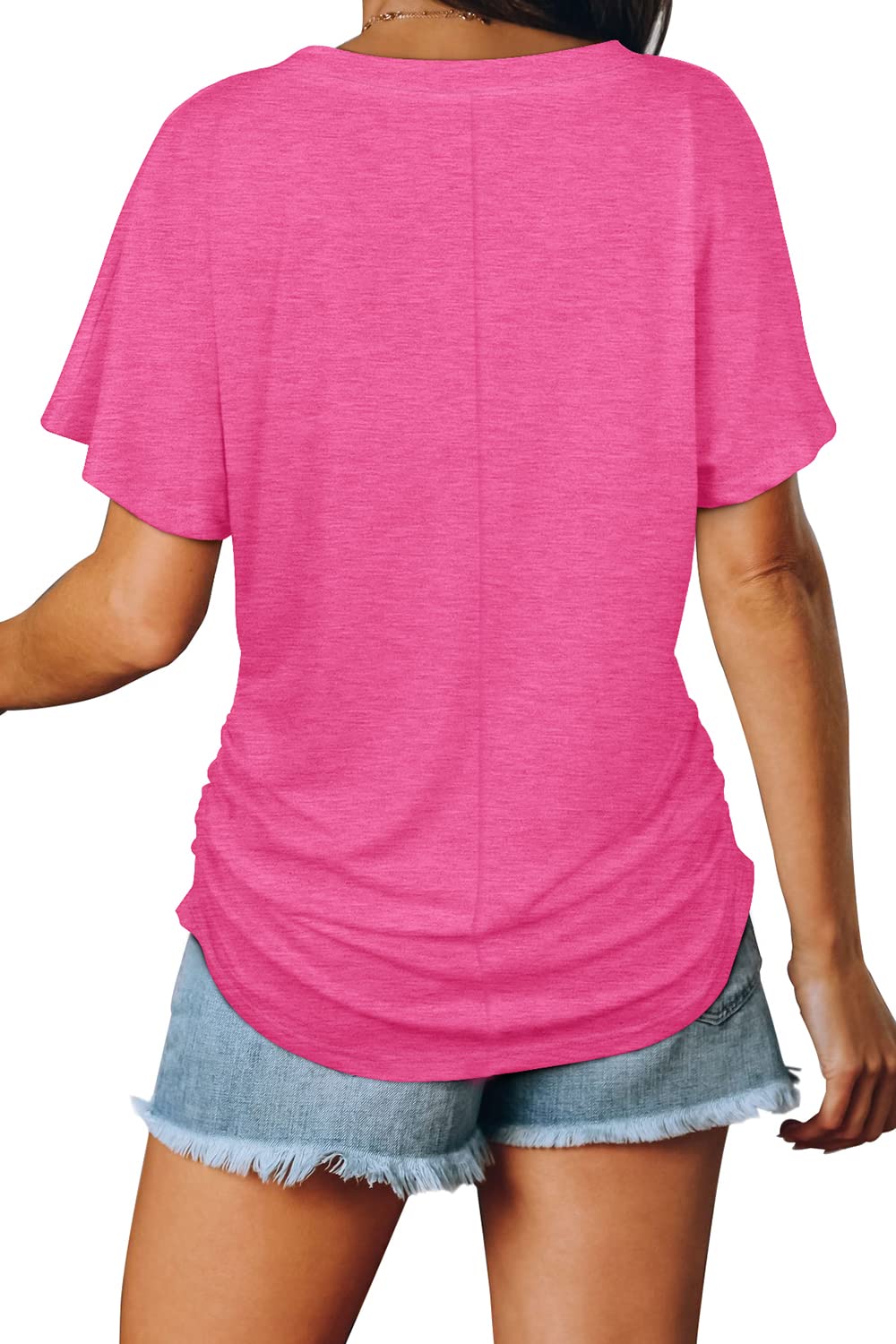 Women's Short Sleeve V Neck Dolman Tops with Side Shirring