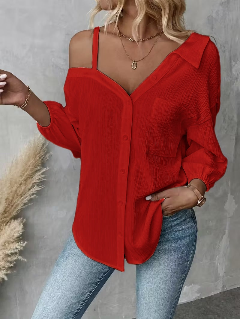 HOT SALE🔥Women's Asymmetric Collar Drop Shoulder Loose Casual Shirt