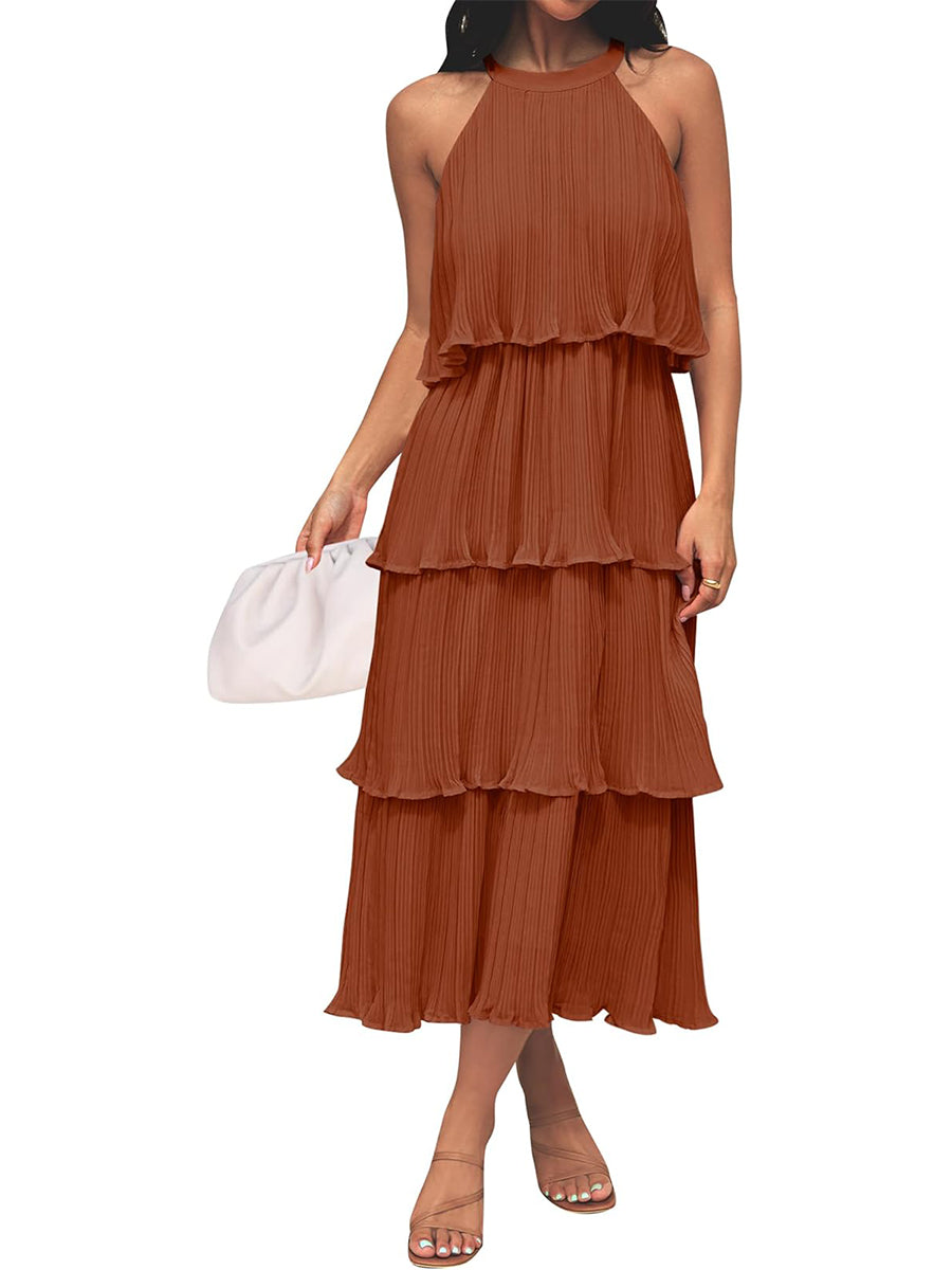 Women's Summer Halter Neck Ruffle Tiered Layered Chiffon Flowy Swing Midi Dress