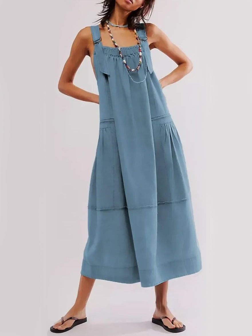 Women's Adjustable Shoulder Strap Loose Long Dress with Pockets
