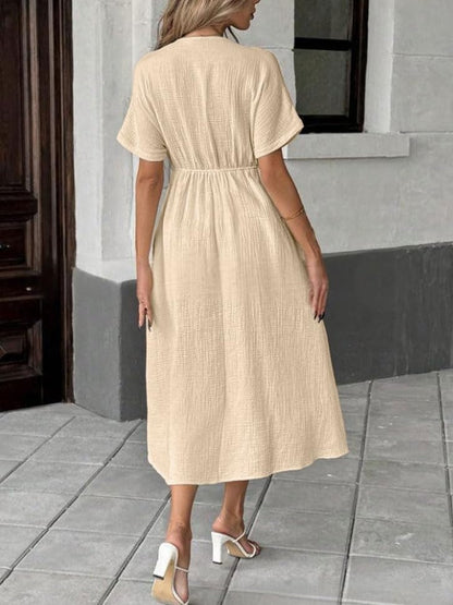 Women's V Neck Tie up Textured Loose Flowy Midi Dress With Pockets