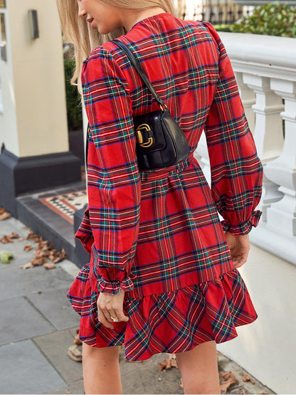 Women's A-line Mini Dress Plaid Flowing Long Sleeves Ruffled Party Casual Dress
