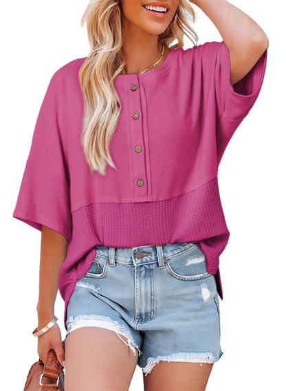 Women's 3/4 Sleeve Casual Button Down Waffle Knit Tops