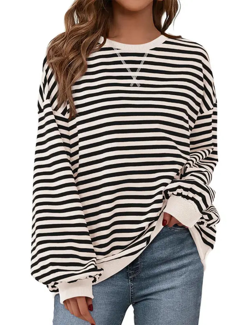 Womens Striped Oversized Sweatshirt Color Block Long Sleeve Top