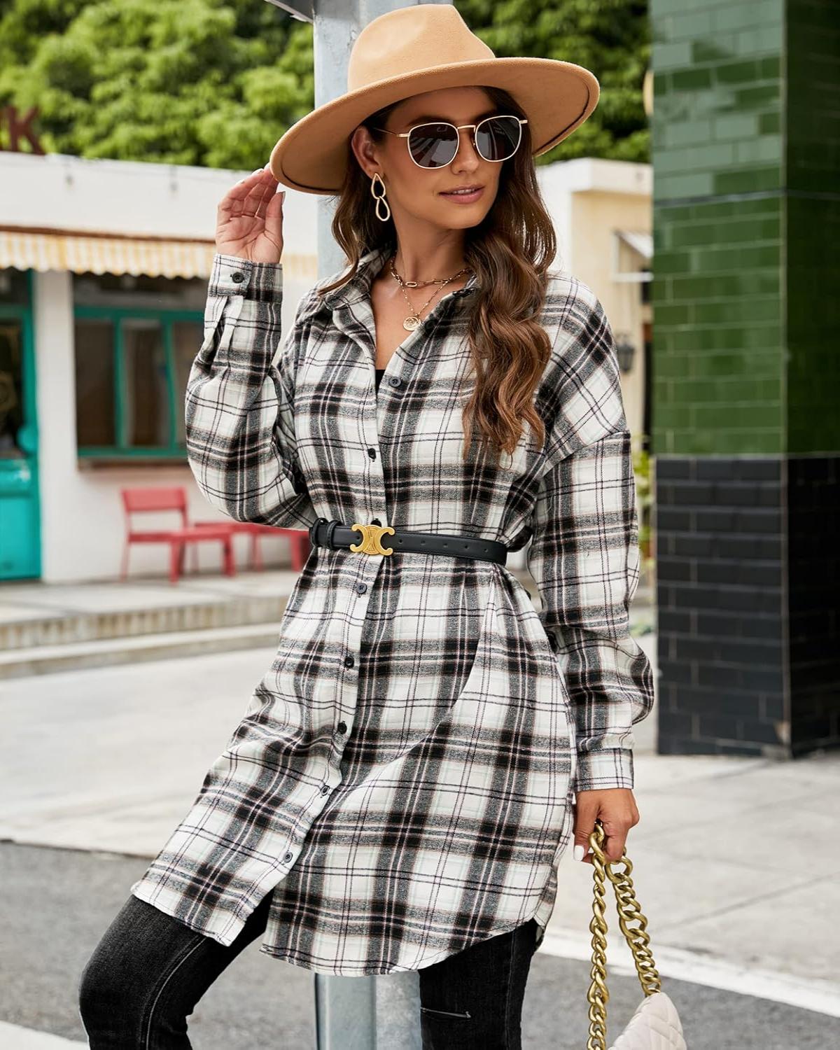 Women's Flannel Shirts Plaid Shacket Collared Long Jacket Coats