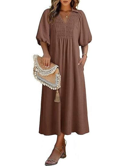 Women's Puff Sleeve V-neck Flowing Maxi Dress