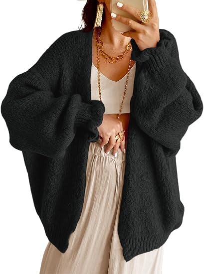 Women Oversized Open‑Front Knit Cardigan Long Balloon Sleeve Loose Sweater Coat