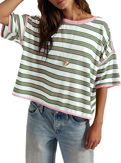 Womens Oversized Striped T-Shirts Color Block Short Sleeve Tops Drop Shoulder Tees