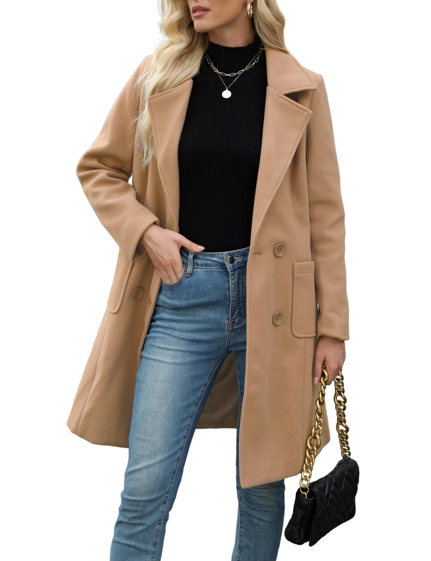 Women Open Front Wool Coat Lapel Double Button Mid‑Length Overcoat With Pockets