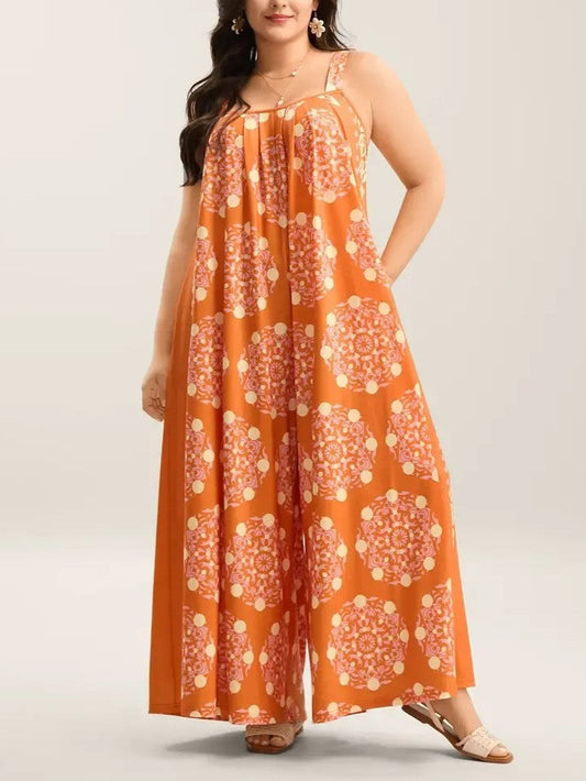 Adjustable Strap Boho Wide Leg Jumpsuit with Pockets