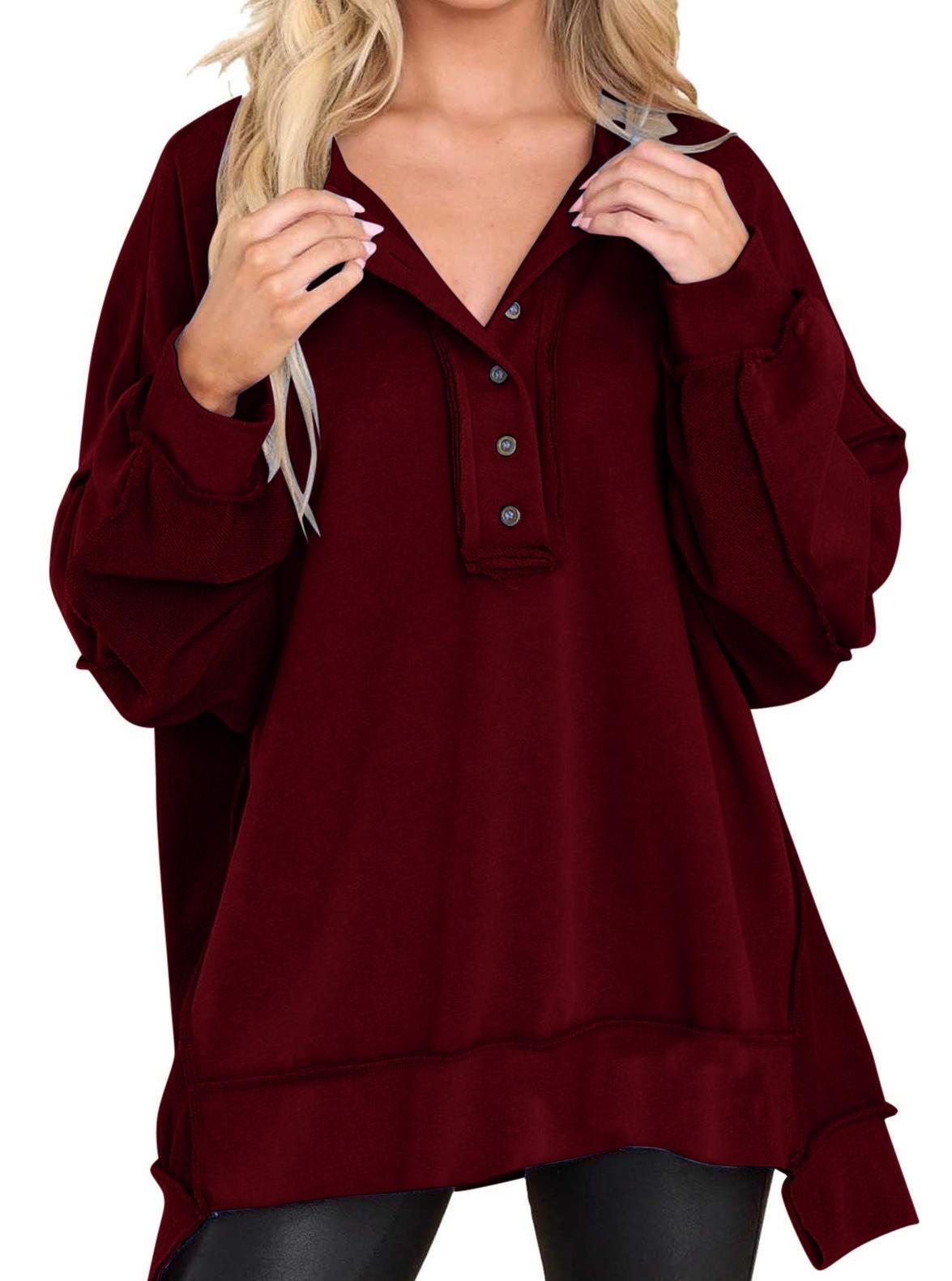 Women Oversized Casual Long Sleeve Button Henley Neck Pullover Tunic Tops