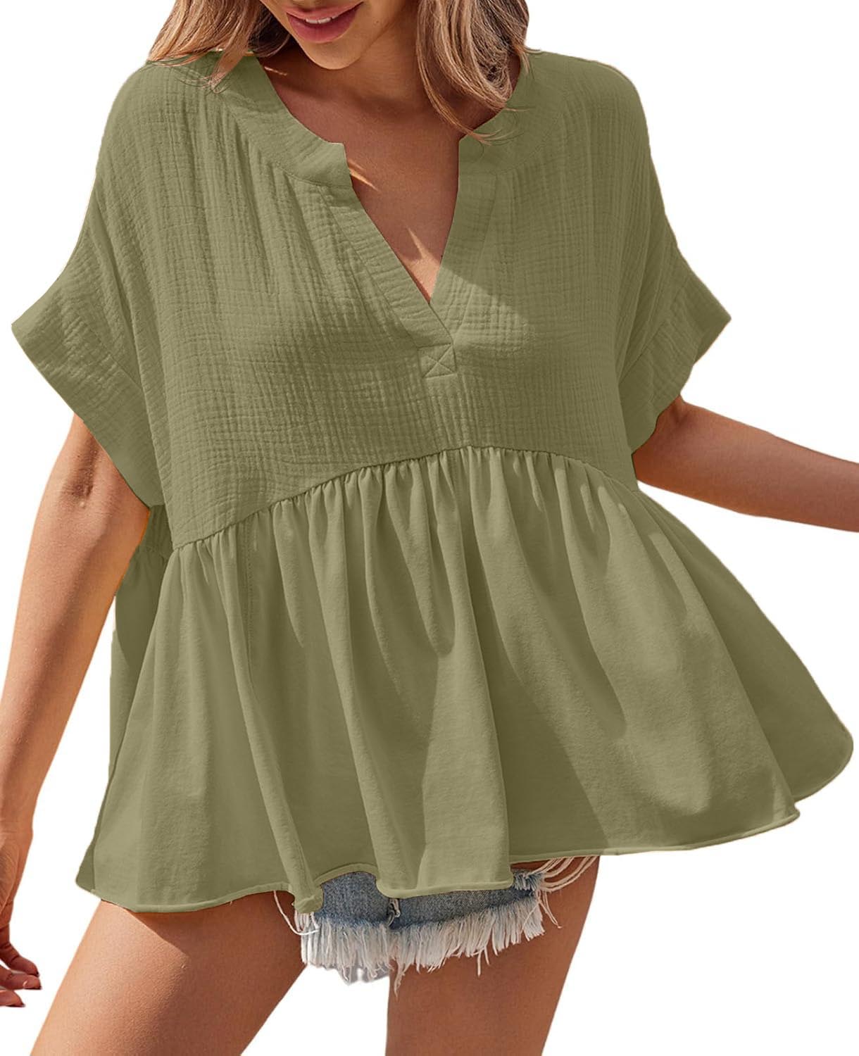 Womens V Neck Short Sleeve Pleated Flowy Shirts Peplum Blouse