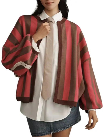 Women Striped Knit Cardigan Oversized Open Front Balloon Long Sleeve Sweater