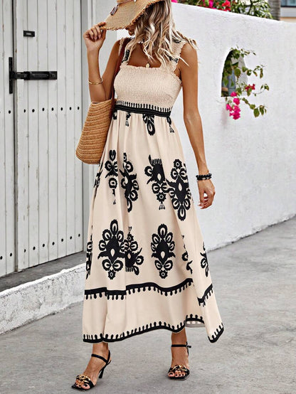 Womens Casual Sleeveless Square Neck Floral Aline Smocked Dresses with Pockets