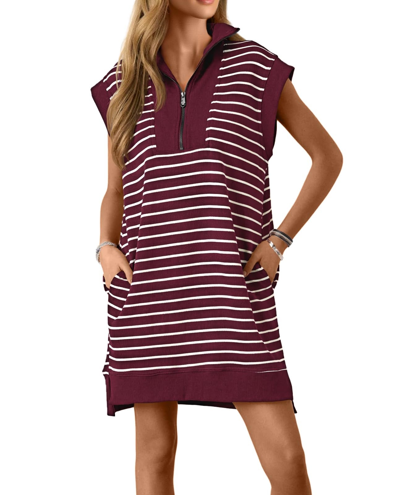 Women's Striped Casual Zipper Cap Sleeve Mini Dress