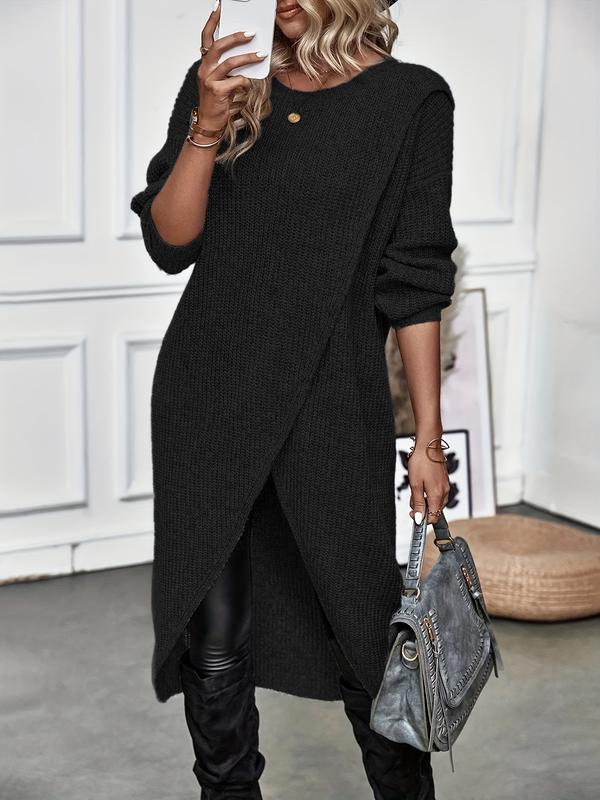 Women's Plain High Low Hem Wrap Tunic Sweater Dress(Buy 2 Free Shipping)