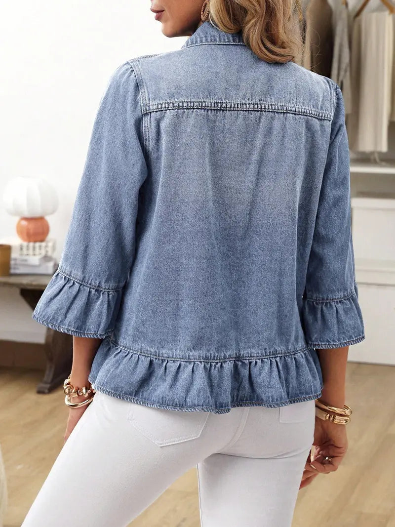 Women's Lightweight Vintage 3/4 Sleeve Ruffle Washed Denim Jacket