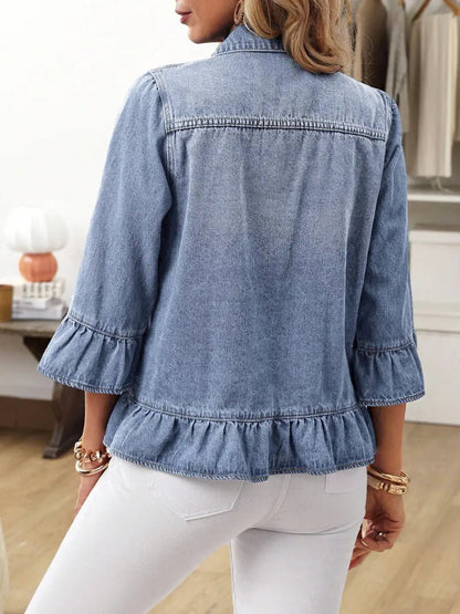 Women's Lightweight Vintage 3/4 Sleeve Ruffle Washed Denim Jacket