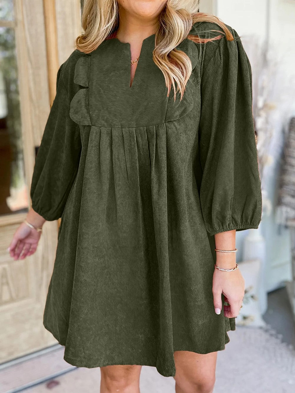 Bracelet Sleeve Split Neck Scallop Detail Pleated Corduroy Mini Dress