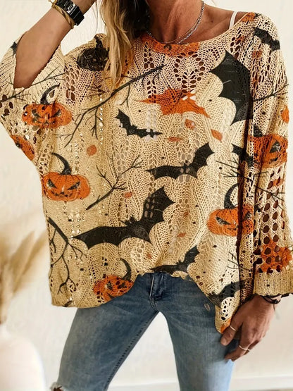 Halloween Crew Neck Pumpkin Loose Fit Long Sleeve Cutout Sweater