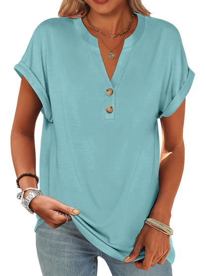 Women's V Neck Button Casual Loose Fit Short Sleeve Henley Tops