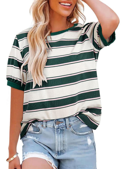 Women's Striped Color Block Short Sleeve T-Shirts Casual Loose Basic Tee