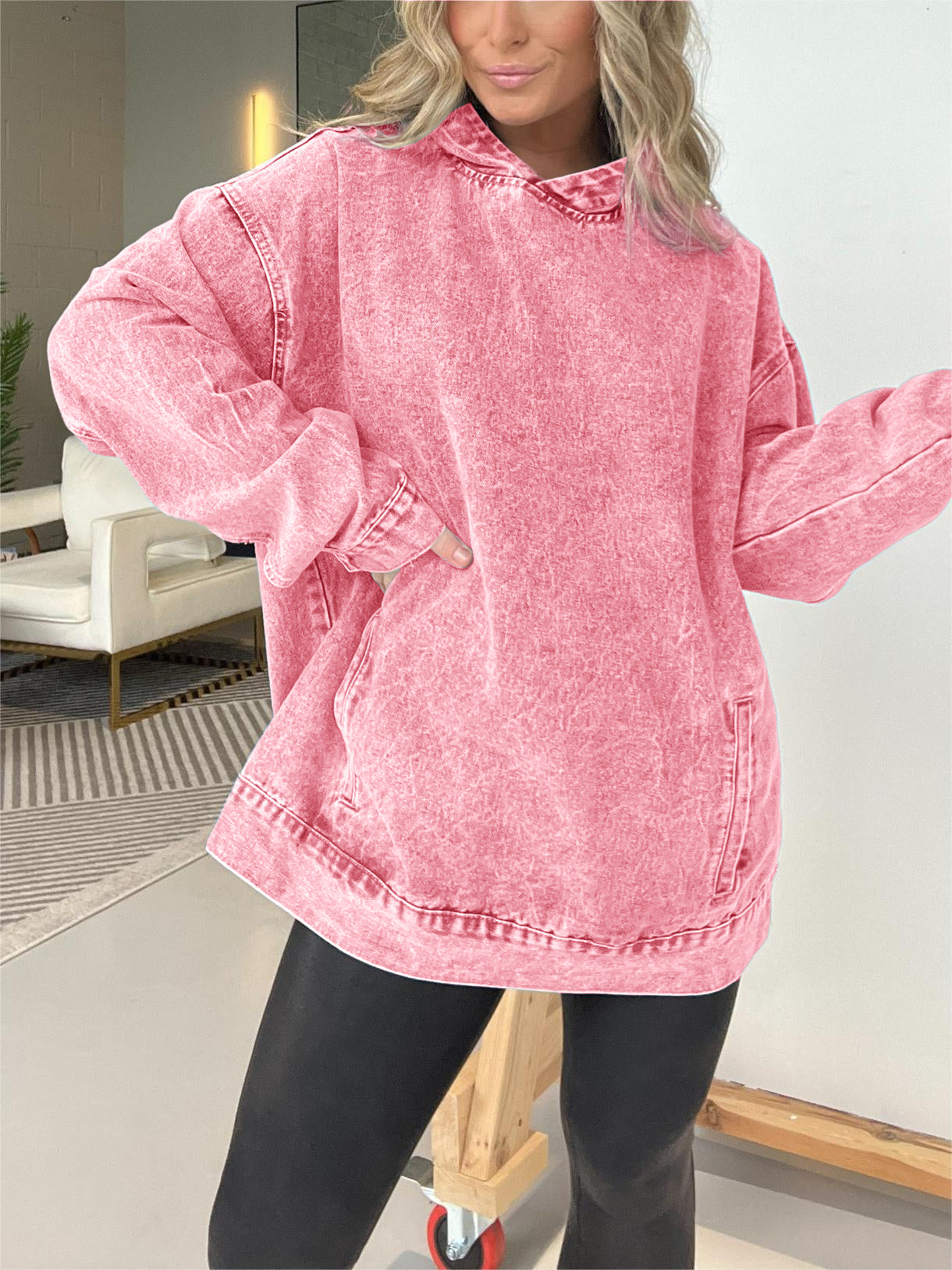 Women's Casual Washed Denim Hooded Pullover with Pockets