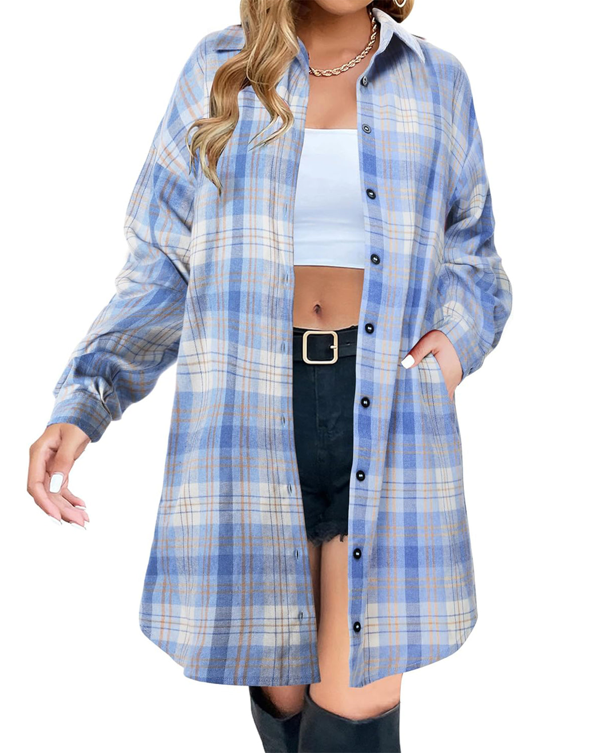 Women's Flannel Shirts Plaid Shacket Collared Long Jacket Coats